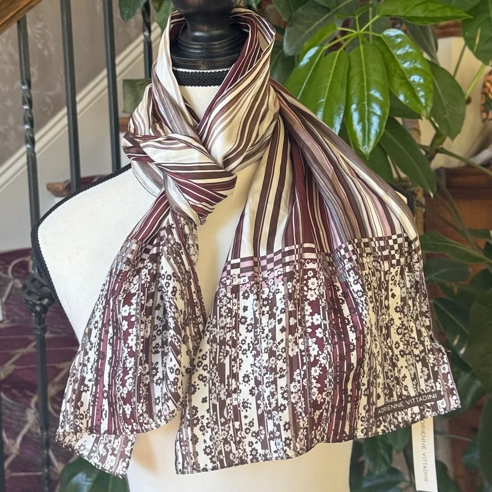 ADRIENNE VITTADINI LADIES 100% SILK SCARF NWT NEW TAGS, BURGUNDY, BEIGE COLORS